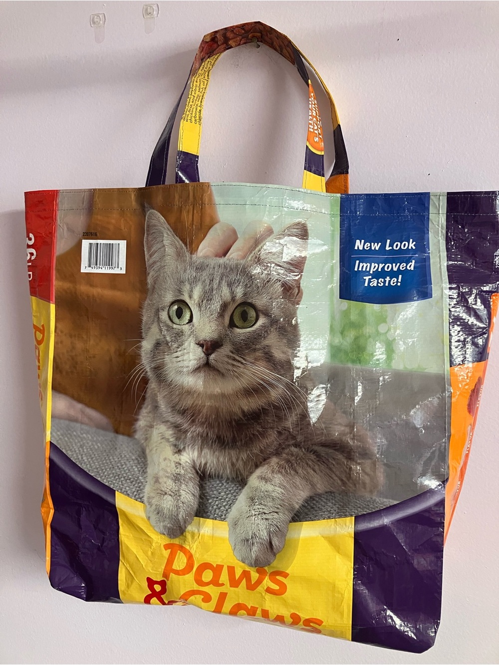 Animal Feed Sac Tote/Storage Bag/Handmade/Upcycled/Sustainable/Gray Cat